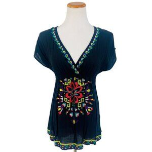 Vintage Forever 21 Plunging V-Neck  Embroidered Boho Babydoll Top